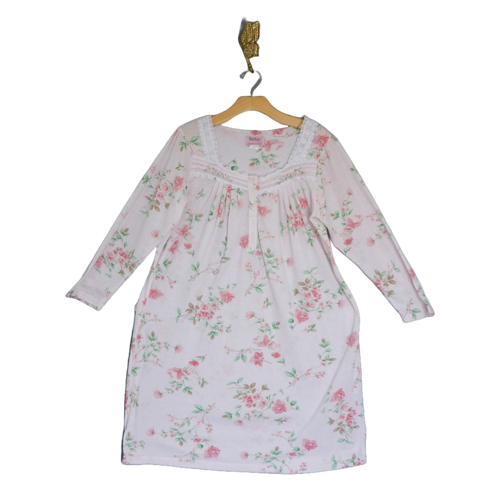 Betsy TW Rose Floral Waffle Knit Nightgown M Cottagecore Shabby Chic Loungewear